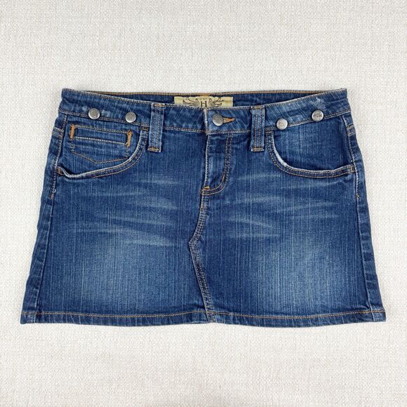 HINT JEANS Juniors Distressed Blue Denim Vintage Y2K Mini Jean Skirt Size 7 - Picture 1 of 12